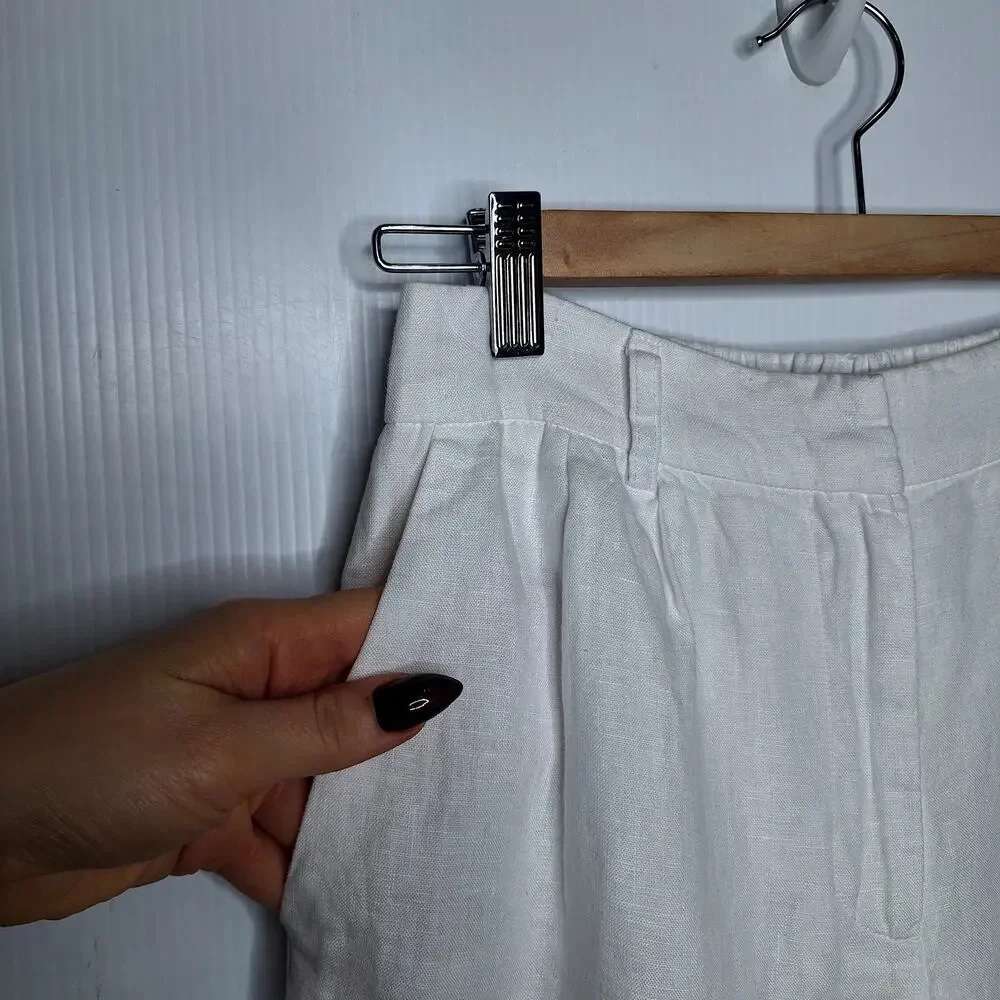 Quince 100% European Linen Pleated Trouser Pants 2 White Beachy Minimalist Lined